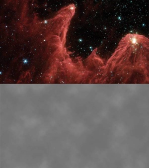 Slika 4: Slika vesoljske meglice (zgoraj) in tekstura polprosojne megle na beli podlagi (spodaj)