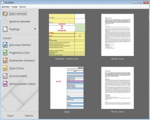 Začetni zaslon Libre Office 5 nam prikaže nazadnje odprte datoteke in nabor vseh programov zbirke. 