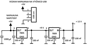 Napetostni pretvornik iz stabilizirane napetosti (npr. iz 12 V akumulatorja) na 5 V s priključkom za naprave USB