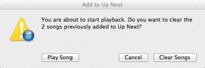 Up Next je nekakšen živ predvajalni seznam. Zmogljivo orodje popolnoma predrugači način rabe programa za poslušanje glasbe, zato nam ga iTunes na vsakem koraku moli pod nos. Če kljub temu izberemo naslednjo skladbo po starem, tako da jo dvakratno kliknemo, nas program diskretno opozori na nespodobnost.