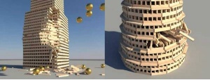 Slika 6: Prikaz delovanja fizikalnega pogona na zgradbah, sestavljenih iz kock. Vsaka kocka ob rušenju realistično interaktira s svetom.