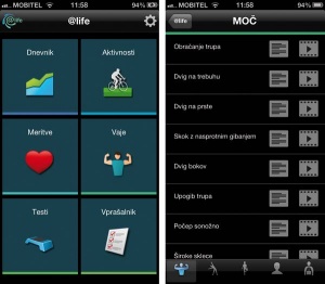 Osnovni menu in prikaz vaj za moč v mobilni aplikaciji @life