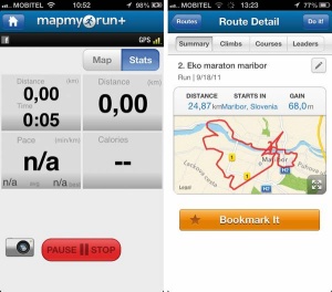 Prikaz podatkov med vadbo in pregled shranjenih vadb v aplikaciji MapMyRun.