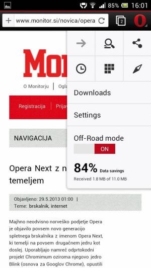 Glavni (in edini) menu v Operi za Android nudi hiter dostop do vseh zmožnosti. 