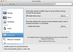 Pod System Preferences/System/Accessability se skriva kup po krivici spregledanih zmožnosti sistema OS X Mountain Lion. Med drugim nam nastavitev lepljivih tipk olajša vnos zapletenih kombinacij s tipkovnice.