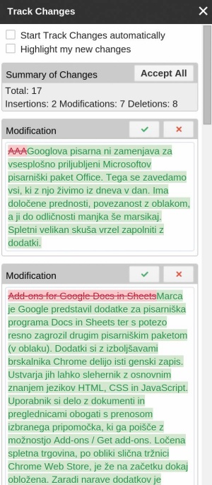 Track Changes sledi spremembam v dokumentu enako kakor Microsoftov Office.