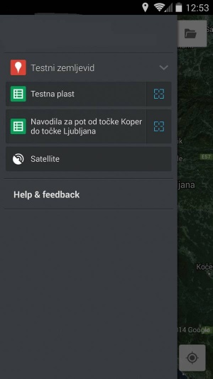 MapsEngine za telefone Android izgleda enako kot Zemljevidi (Google Maps), le da zna prikazovati naše shranjene zemljevide in točke.
