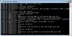 Okno skripte PlexConnect.py, kjer vidimo številko IP za vpis v predvajalnik Apple TV, zapiramo s kombinacijo Ctrl + C, ki poskrbi, da se storitev konča pravilno in nam bo ob novem zagonu zopet pripravljena služiti.