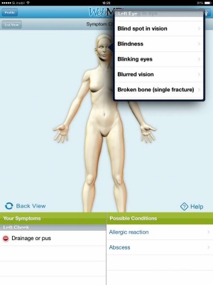 Mobilni zdravnik WebMD for iPad nam na podlagi simptomov in ob pomoči priročnega modela telesa postavi vrsto verjetnih diagnoz.