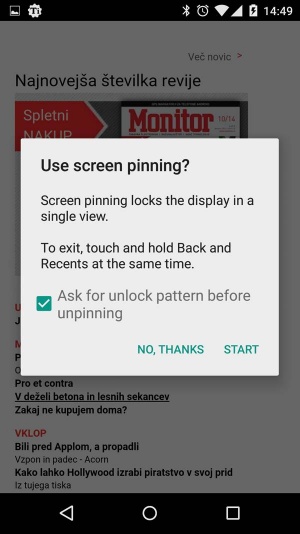 Po novem lahko na zaslon »pripnemo« aplikacijo, iz katere uporabnik (otrok?) ne more, če mu tega ne dovolimo.