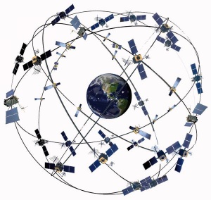 GPS za delovanje potrebuje vsaj 24 satelitov, ki so razporejeni po orbitah tako, da so ves čas z vsake točke na Zemlji vidni vsaj štirje. (Zaradi preglednosti ni v merilu.)