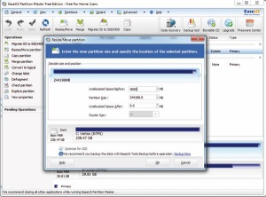 V programu Partition Master najprej skrčimo osnovno particijo in tako naredimo prostor za novo/e particijo/e, kamor bomo namestili dodaten/ne operacijski/e sistem/e.