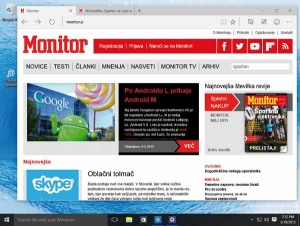 Domača stran Monitorja v brskalniku Microsoft Edge. Cortana nam pojasnjuje, kaj je »Android«.