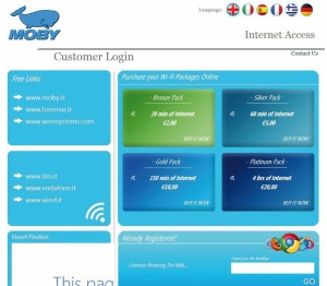 Vstopni spletni portal na trajektu, kjer lahko kupimo tudi kodo za časovno omejeni dostop do interneta.