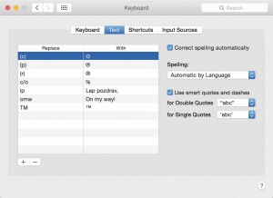 Osnovno rabo okrajšav namesto pisanja ponavljajočega se besedila omogoča že vgrajena zmožnost, ki jo najdemo pod nastavitvami System Preferences.