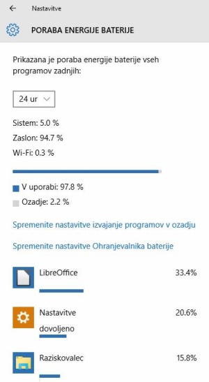 V Windows 10 lahko hitro preverimo, kateri programi in procesi porabijo največji delež energije, shranjene v bateriji naše prenosne/mobilne naprave.