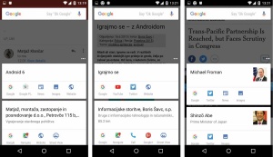 Raba »Now on tap« pri (z leve na desno): branju e-pošte urednika o tem članku, članka o Androidu v spletu Monitorja ter tujega članka.