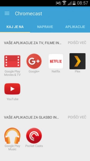 	Prenovljena aplikacija Chromecast nam pokaže naše nameščene podprte aplikacije in na enem mestu vse, ki so na voljo v  Google Play. 