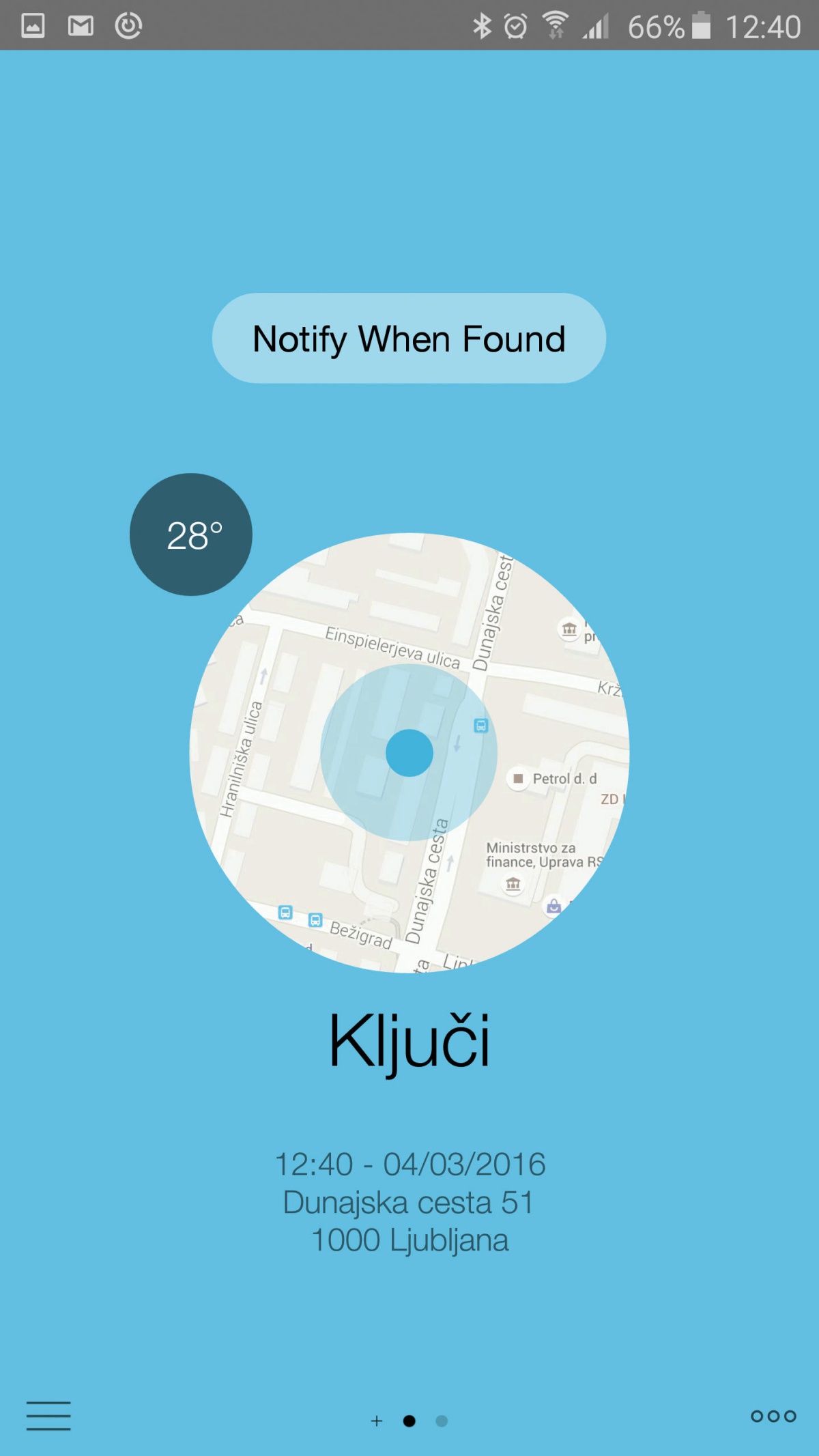 Ko so ključi (oz. obesek) zunaj dosega Bluetootha, nam aplikacija na zemljevidu kaže, kje so bili nazadnje »videni«.