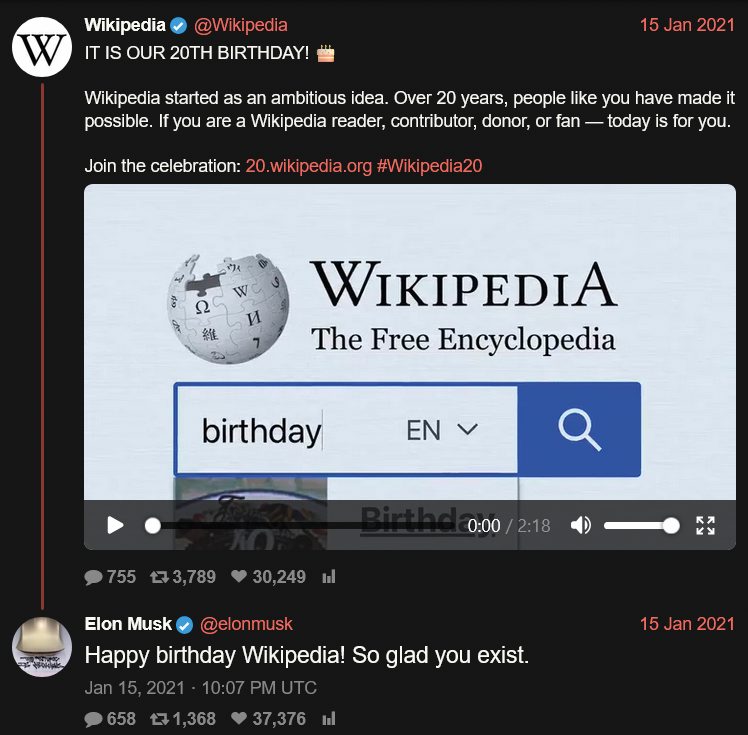 Še leta 2021 je imel Elon Musk pozitivno mnenje o Wikipediji.