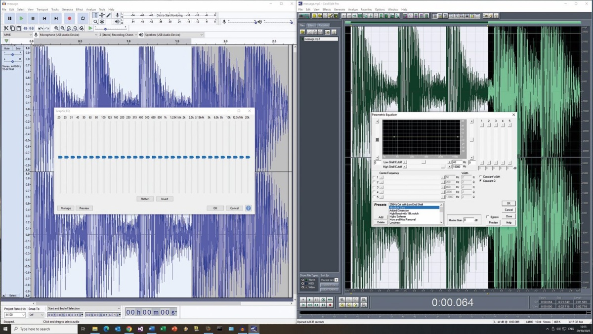 Primerjava med Audacity (levo) in Cool Edit Pro 2 (desno).
