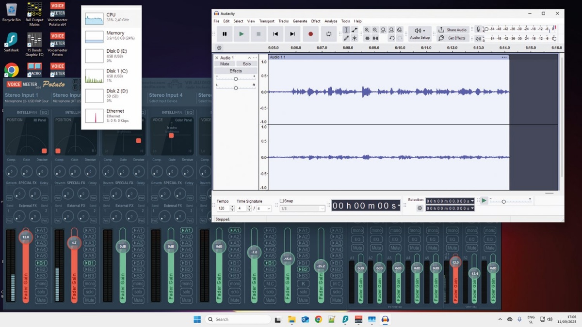 Snemanje iz dveh mono mikrofonov v prostoru, povezanih prek dveh zvočnih kartic USB, na dve vzporedni sledi (stereo).