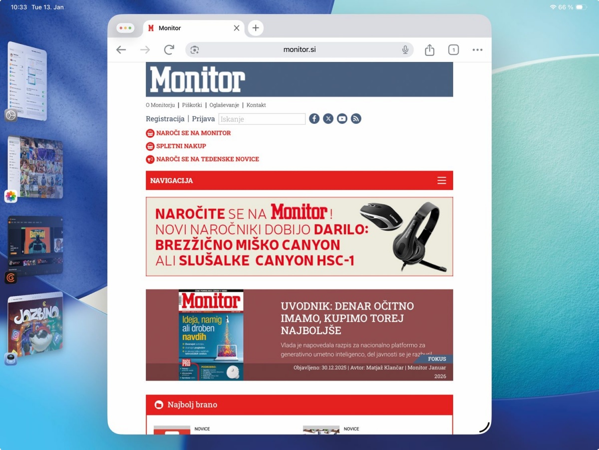 Večopravilnost je na tablici olajšana z okni in načinom &raquo;Stage Manager&laquo;. Oboje zablesti, ko na ipad priklopimo fizično tipkovnico.