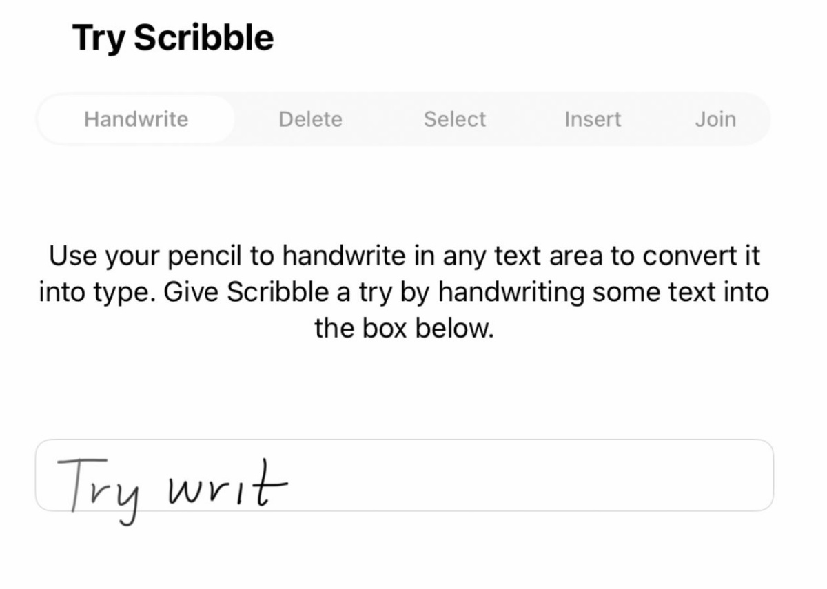 Ročni vnos tipkanega besedila in druge zmožnosti tovrstnega urejanja besedila preizkusimo z manjšo aplikacijo znotraj nastavitev &raquo;Try Scribble&laquo;.