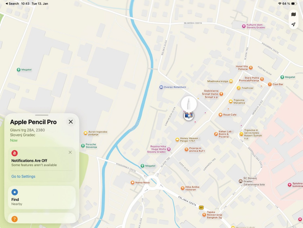 Zaradi svobode svinčnika ga je enostavno izgubiti. Na pomoč priskoči zvest Applov iskalec pobeglih naprav &raquo;Find My&laquo;.