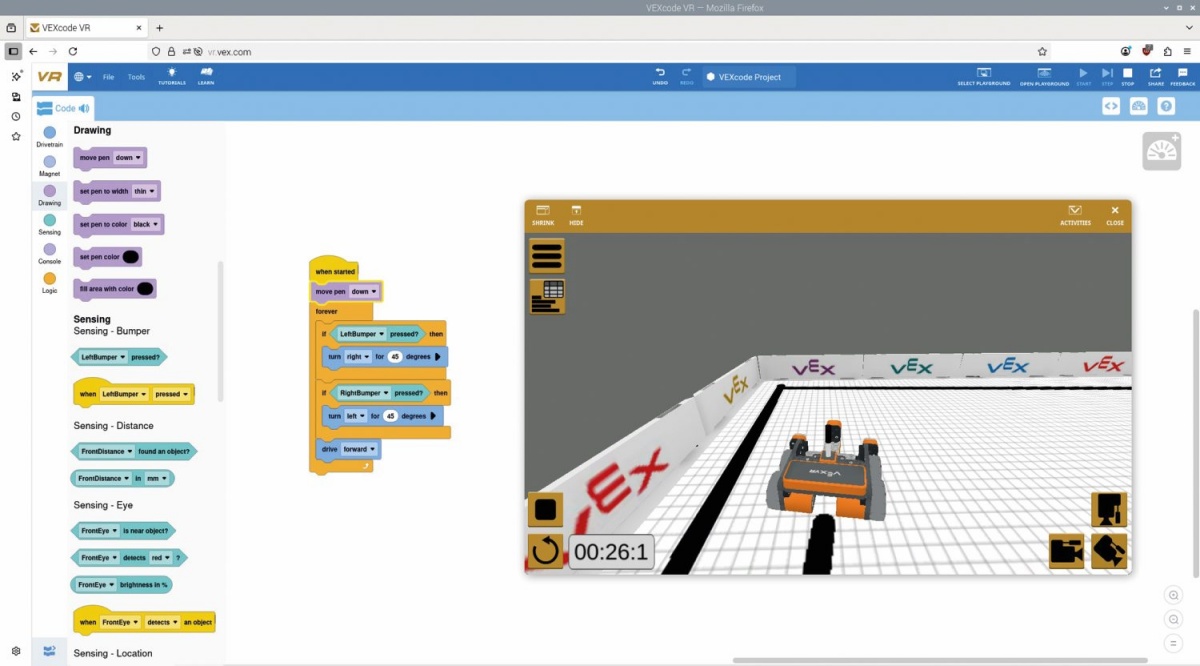 Preizkušanje programa za VEX-ovega navideznega robota VR na spleti strani vr.vex.com.