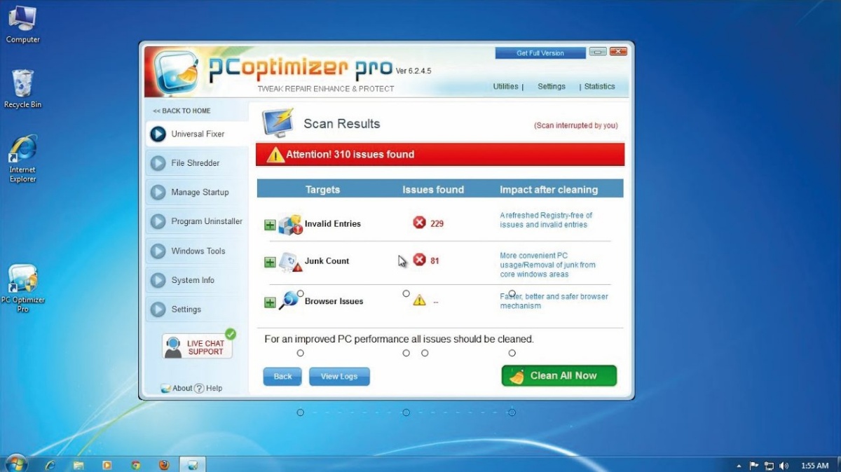 PC Optimizer Pro je nekatere &raquo;težave&laquo; odpravil brezplačno, medtem ko je za domnevno optimizacijo zahteval nakup licence.