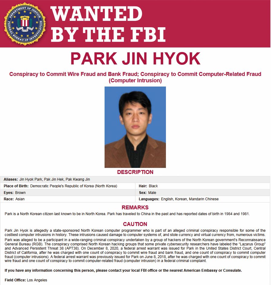 Park Jin Hyok je na seznamu FBI najbolj iskanih kriminalcev. Slika: FBI