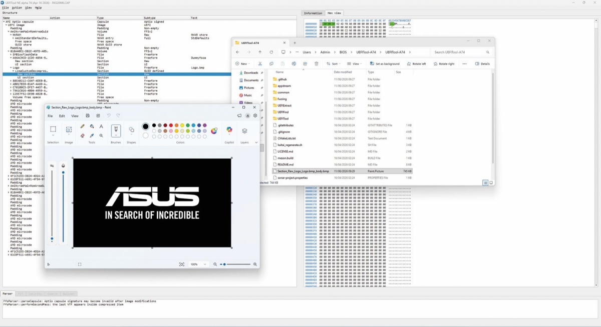 Izvoz in urejanje logotipa enega od ASUS-ovih BIOS-ov.
