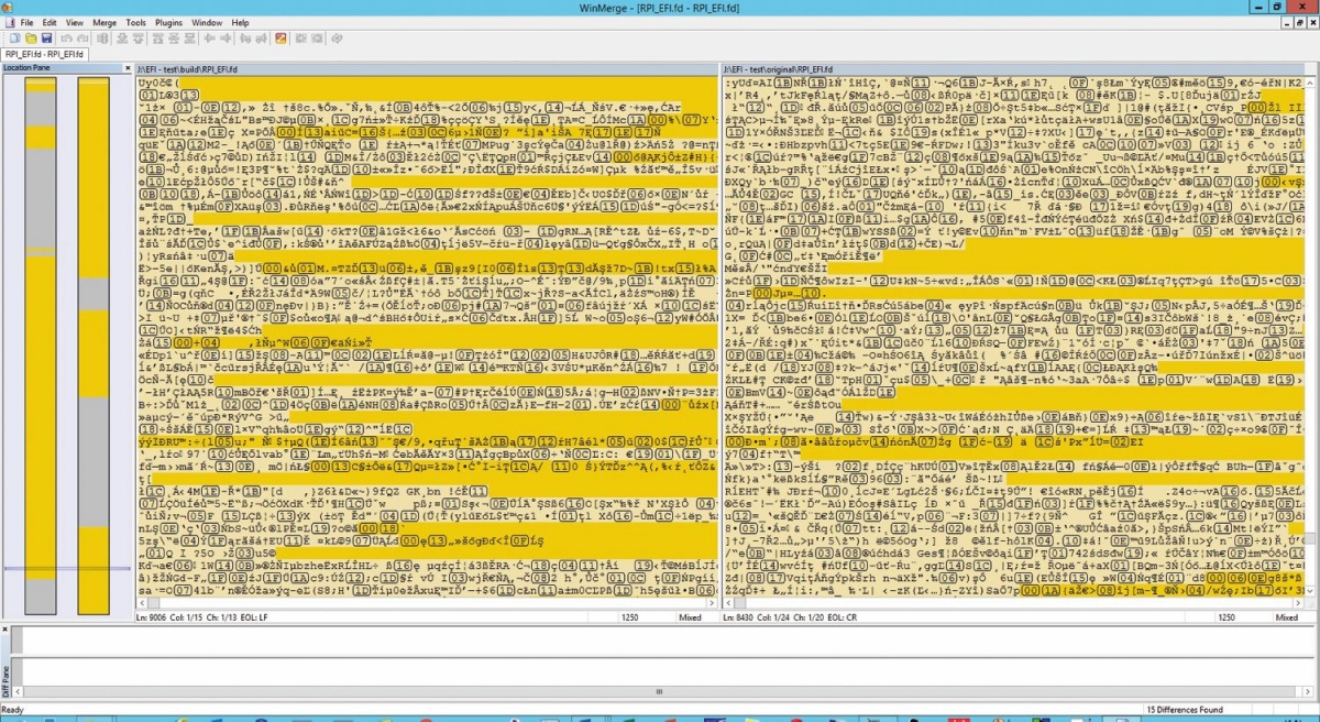 Primerjava doma prevedene slike BIOS-a UEFI (levo) in s spleta prenesene že prevedene slike BIOS-a UEFI za Raspberry Pi 5.