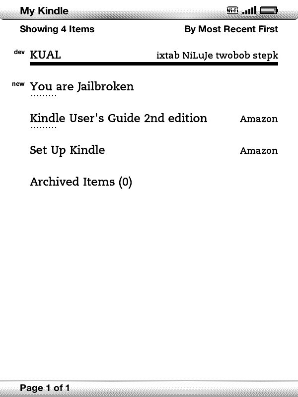KUAL ali &raquo;Kindle Unified Application Launcher&laquo; je grafični zaganjalnik za zagon novo nameščenih programov na odklenjenem bralniku Kindle.