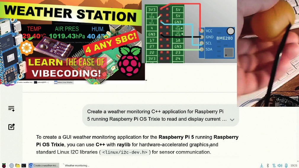 Izdelava priključka za merjenje vremenskih parametrov in okenske aplikacije za Raspberry Pi OS Trixie.