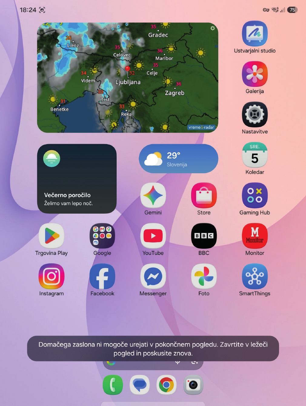 One UI domačega zaslona v pokončnem pogledu ne dovoli urejati, temveč zahteva zasuk telefona.