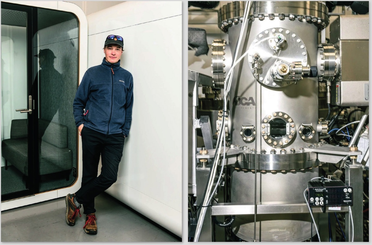 Soustanovitelj in glavni znanstveni direktor podjetja PsiQuantum Pete Shadbolt (levo) ter oprema, ki jo je podjetje izdelalo za lastno proizvodnjo barijevega titanata, materiala z idealnimi lastnostmi za usmerjanje svetlobnih delcev (desno).