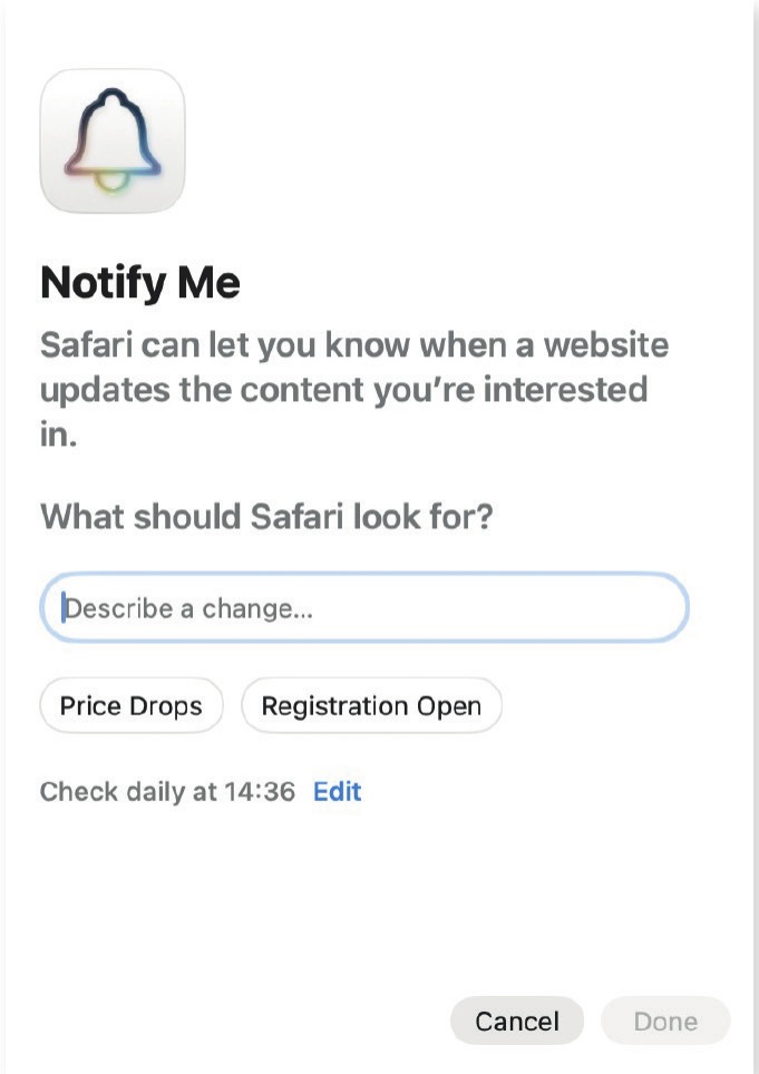 S funkcijo »Notify Me« nas brskalnik Safari obvešča o spremembah na izbranih spletnih naslovih.