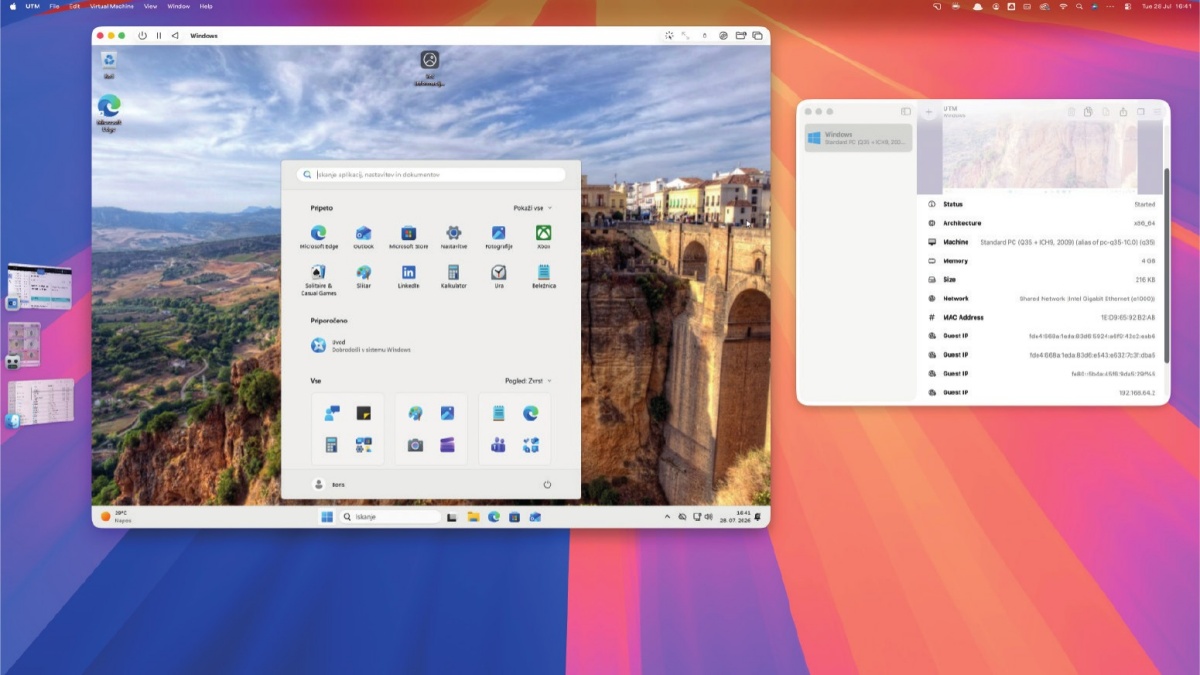 Virtualni računalnik v celoti simulira fizično strojno opremo klasičnega računalnika PC in se zažene vzporedno z operacijskim sistemom macOS.