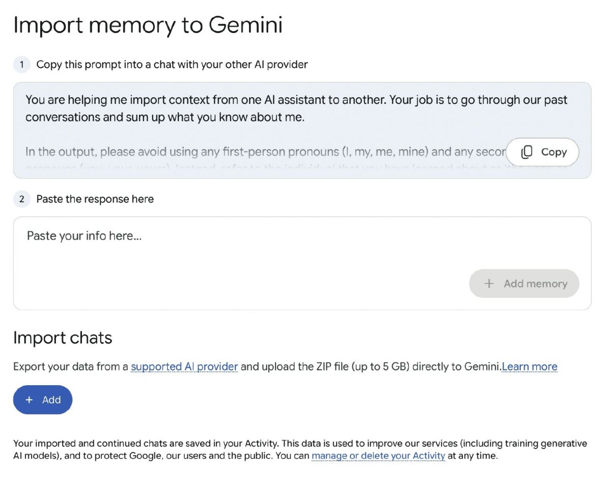 Gemini omogoča preprost uvoz zgodovine naših interakcij z drugo storitvijo umetne inteligence.