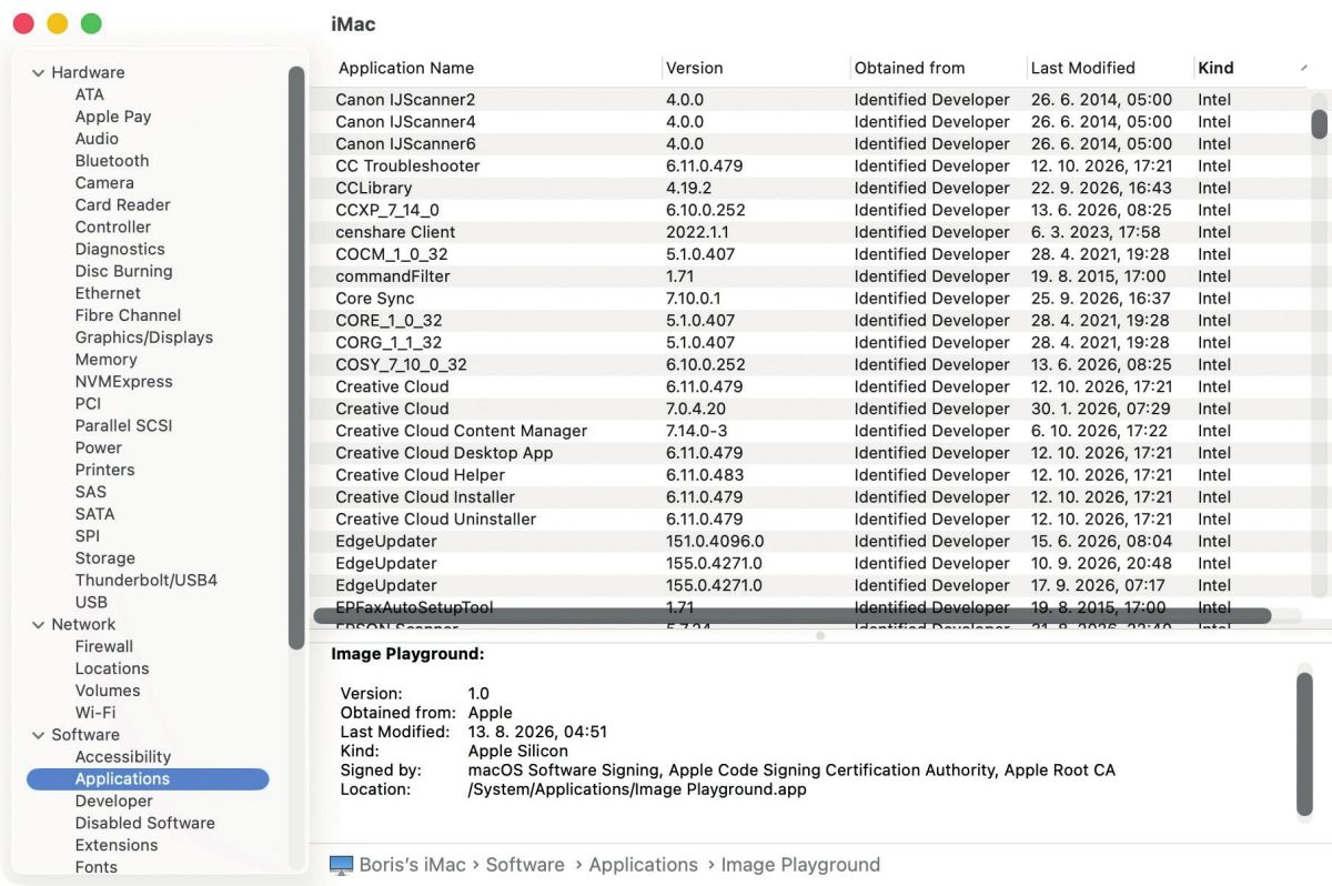 Katere aplikacije zahtevajo procesor Intel, vidimo v podatkih »System Information/ Software / Applications«.