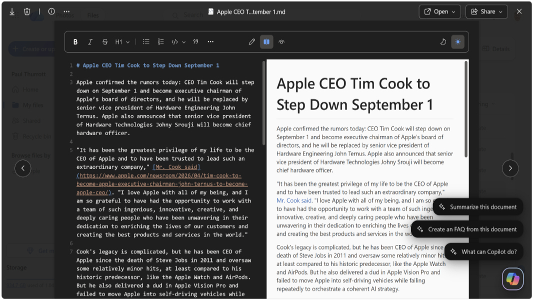 OneDrive s podporo za Markdown: Spletno urejanje postaja resničnost