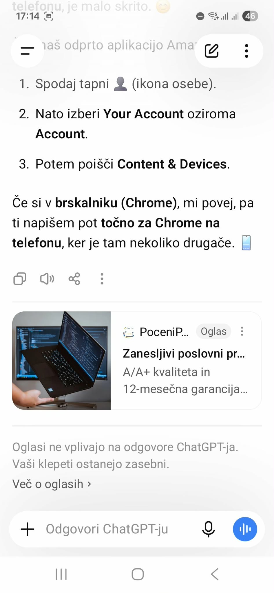 Reklame v ChatGPT prispele tudi v Slovenijo