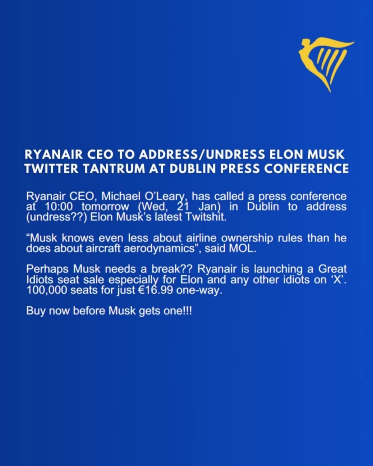 Ryanair na letala ne bo vgradil Starlinka, Musk ponorel